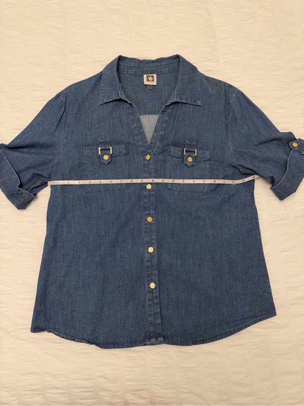 ANNE KLEIN Denim Short Sleeve Button Front Shirt V Neck Western Classic Chic - Picture 13 of 13